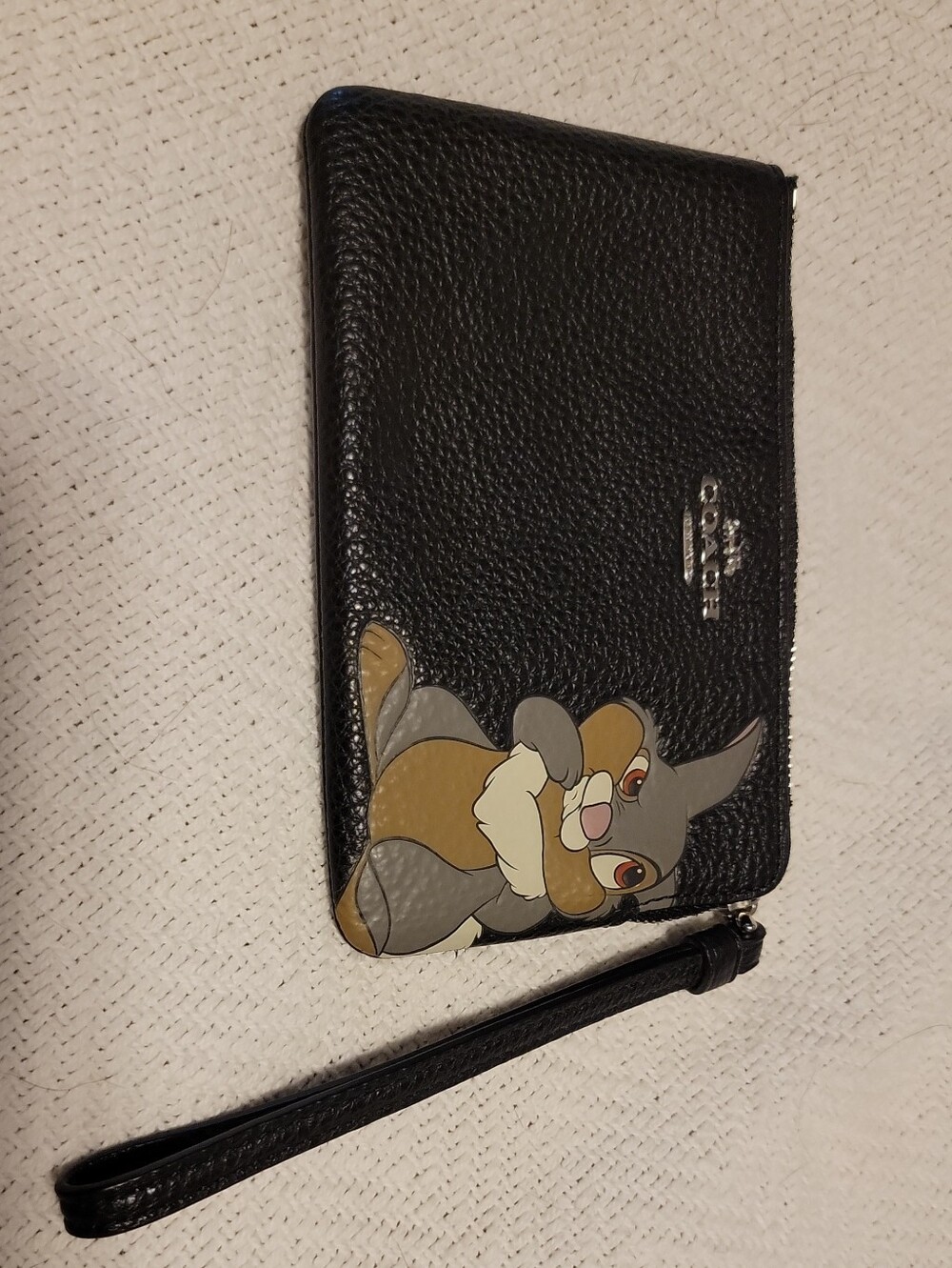 Coach Black Pebbled Leather Wristlet with Thumper Graphic